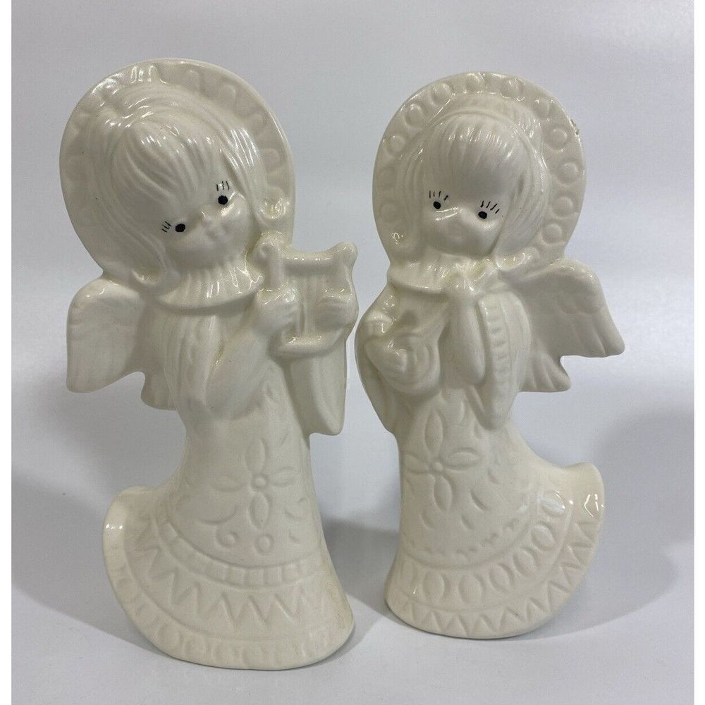 Vintage Midcentury 60s Ceramic Angel Figurine Set White Geometric Design 8.5”